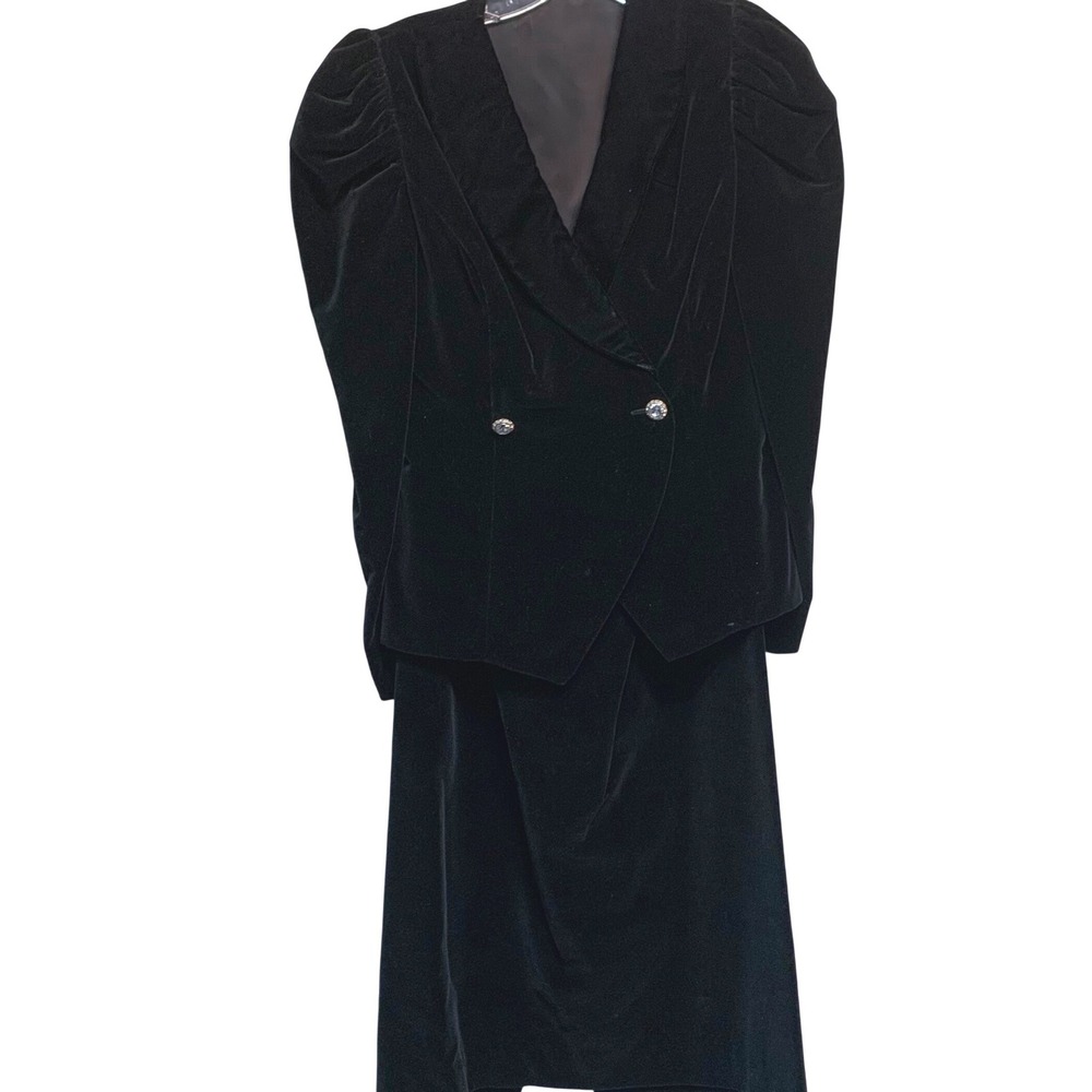 VTG 80s Dark Academia Velvet‎ Skirt Suit 10 Black Puff Sleeve Goth Classic Retro